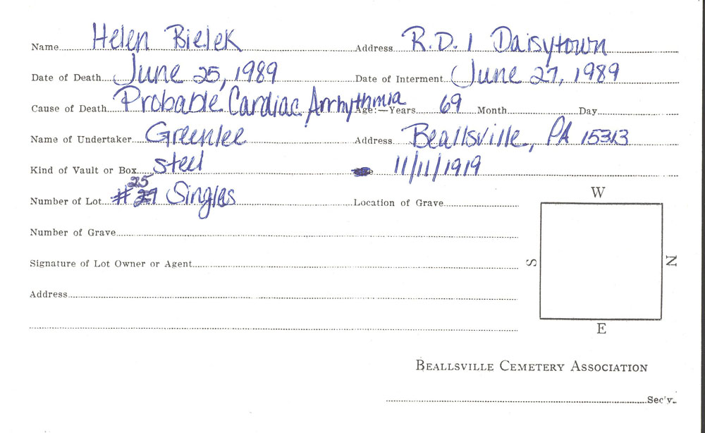 Helen Bielek burial card